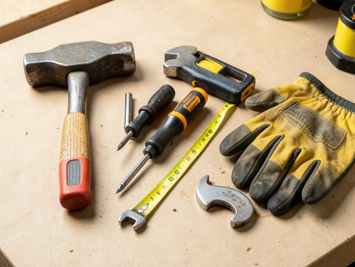 Herramientas manuales sobre una mesa de trabajo